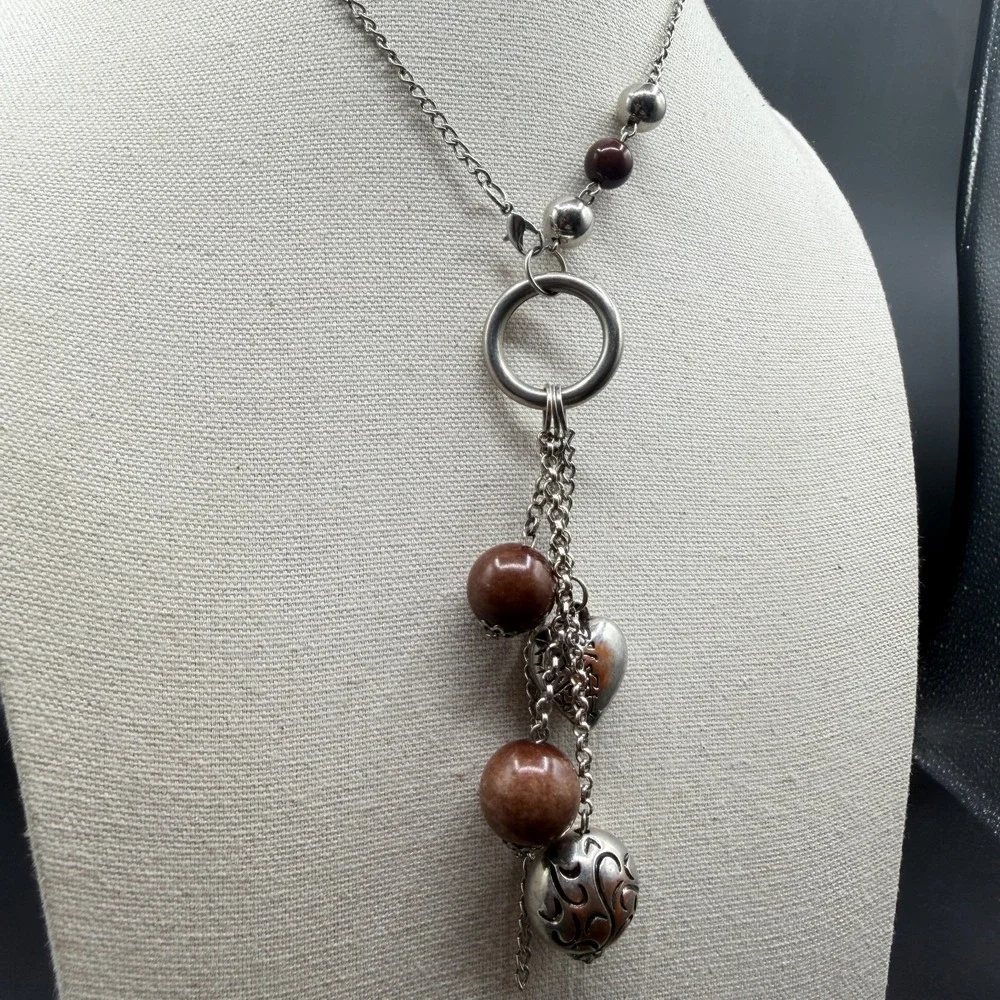 Silver Tone Brown Bead Tassel Necklace Heart Charm Circle Pendant Boho Jewelry